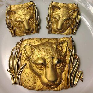 Vtg Park Lane Brooch Earring Set Brush Gold Tone Leopard Panter Cougar Jungle